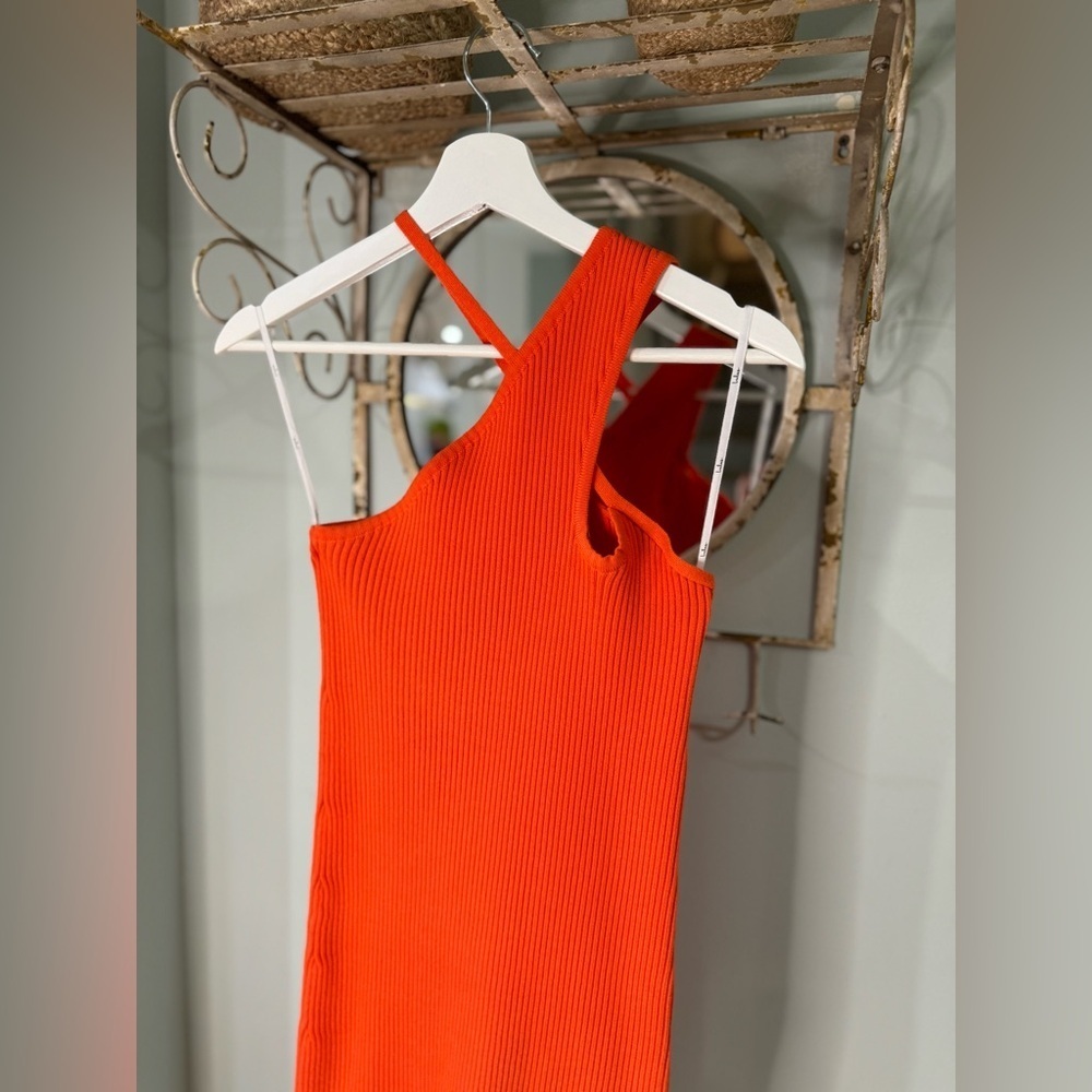 Lulu’s, Exciting Night Orange Red Ribbed Asymmetrical Bodycon Mini Dress, Med - Picture 3 of 8